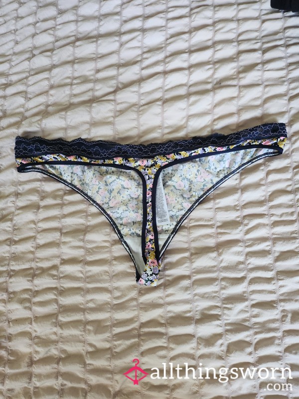 Navy Blue Thong With Flowers