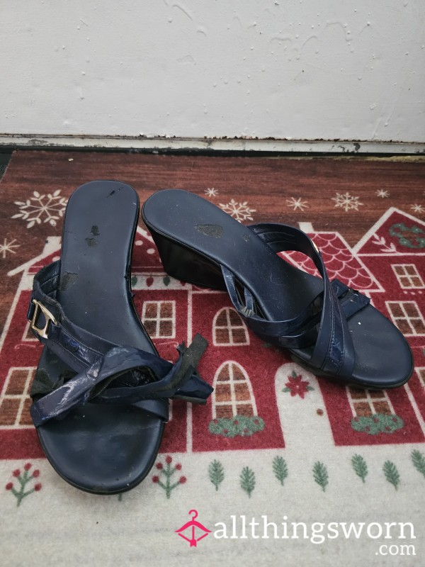 Navy Blue Worn Broken Strap Wedge Heel Sandals