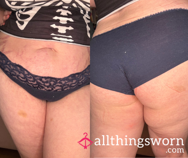 Navy Cotton Panties With Lace Front
