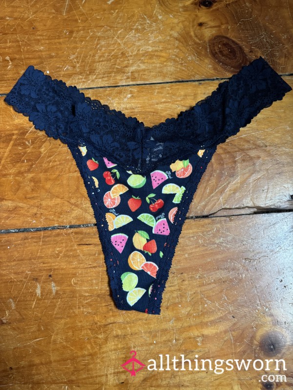 💙🍓 Navy “fruit Salad” Cotton Thong W/ Lace Trim, XXL, VS