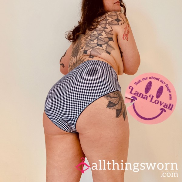 Navy Gingham Lace Trim Full Brief, Cotton Gusset - Size 18