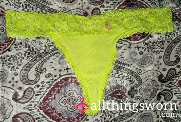 SOLD. Neon Green Silky Nylon Thong With Lace Waistband