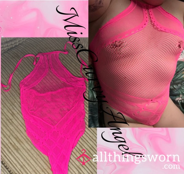 Neon Pink Fishnet Halter Neck Bodysuit (postage Included)