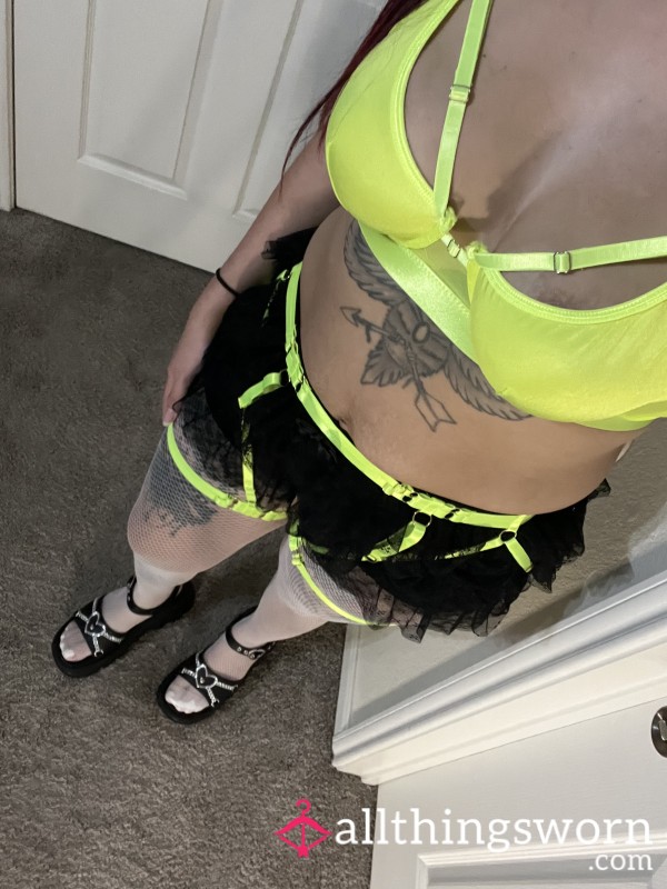 Neon Yellow Bra & Garter Set