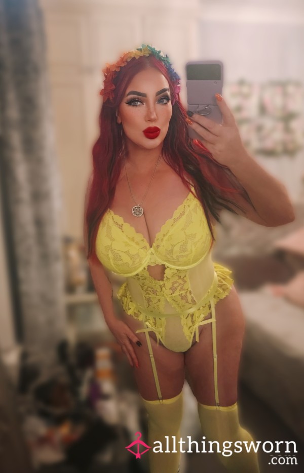 Neon Yellow Lingerie Basque And Stockings Set, Size 14, Worn