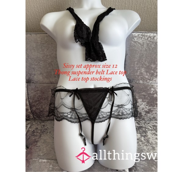 New Sissy Kit , Thing Suspended Belt And Lace Topped Stockings Black Or Red