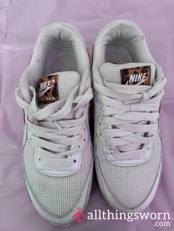 Nike Air Max 90’s, White And Leopard Print, Size 5, Very Well Worn