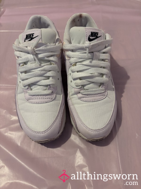 Nike Air Max 90s, White And Pink, Well Worn, Size 5