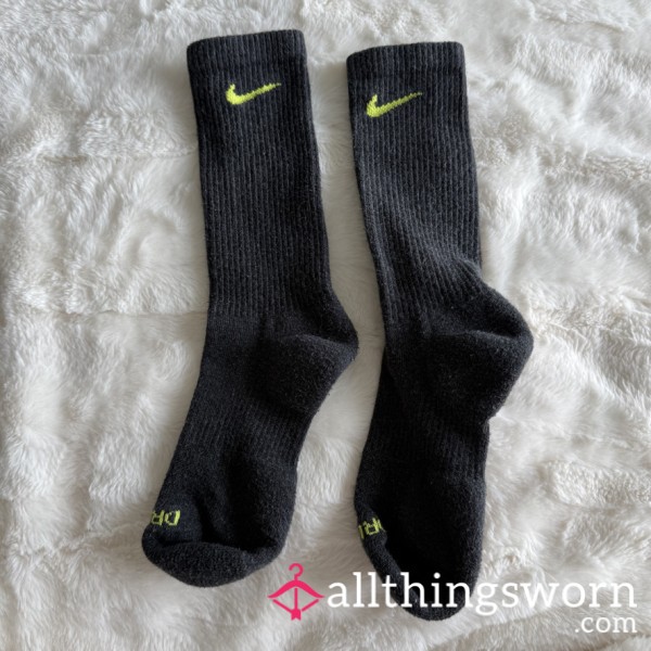 Nike Charcoal Gray Dri-FIT Crew Socks Neon Green Swoosh