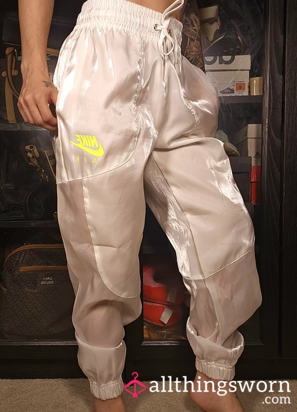 ✅️ Nike Rare All White Satin Jogging Pants Mesh Shiny Sweat Pants Workout Sports Athletic Bottoms Limited Edition Gym Clothes Curvy Japanese Asian Tattooed Athletic Fitness Model