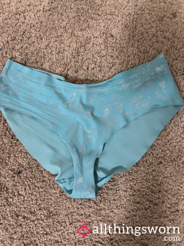 No Show Cheeky Blue Panties. Made Of Spandex, No Tags Medium And Well Worn. Small Hole In The Back Top