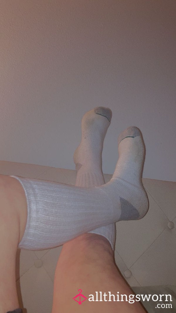 🌟Now 25% Off🌟      🎀 (Not So White Anymore,) White, Sweet Sweat-Soaked, Knee High Ribbed Cotton, Crew Socks 🎀