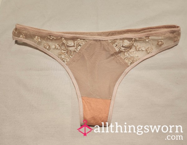 Nude Embroidered Thong