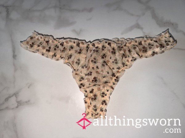 Nude Mesh Thong W/ Brown Flowers (Size XS/S)