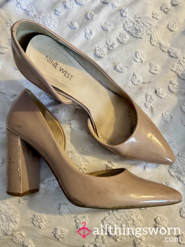 Nude Nine West Stacked Heels