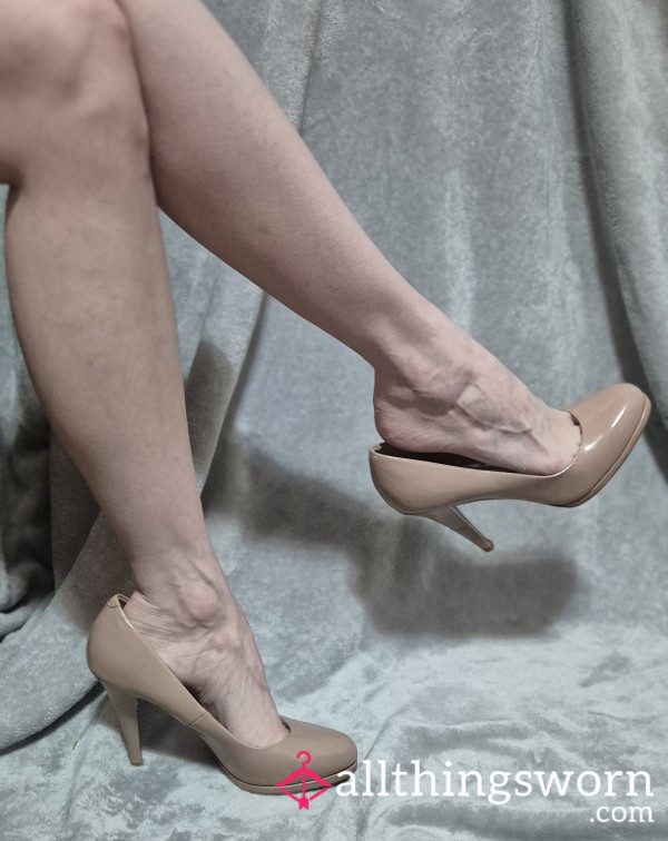 (Sold) Nude Patent Heels Well Worn