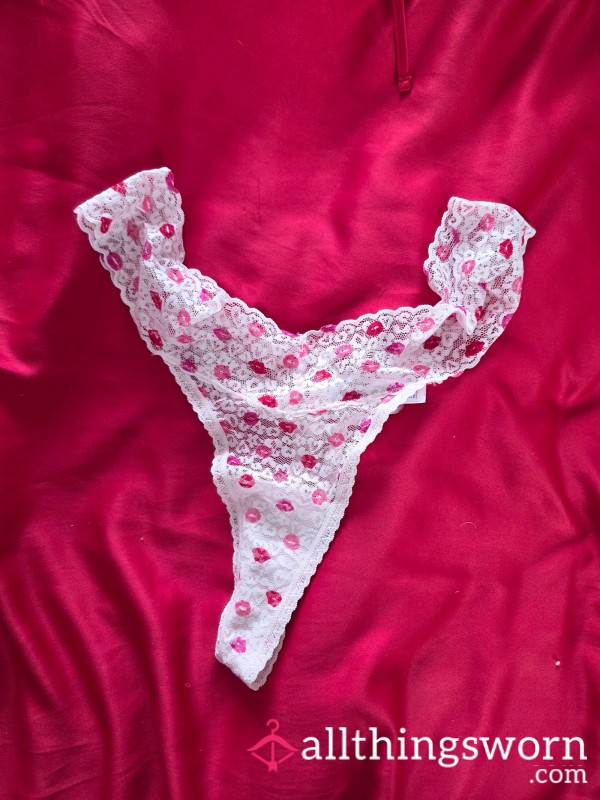 Nurse_Eden Worn White Kiss Print Thong