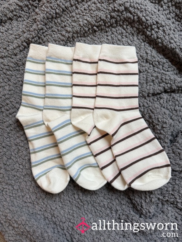 Off-White Tall Socks W/ Blue & Green Or Pink & Brown Stripes 🩷 4-Day Wear, Shipping Included $30