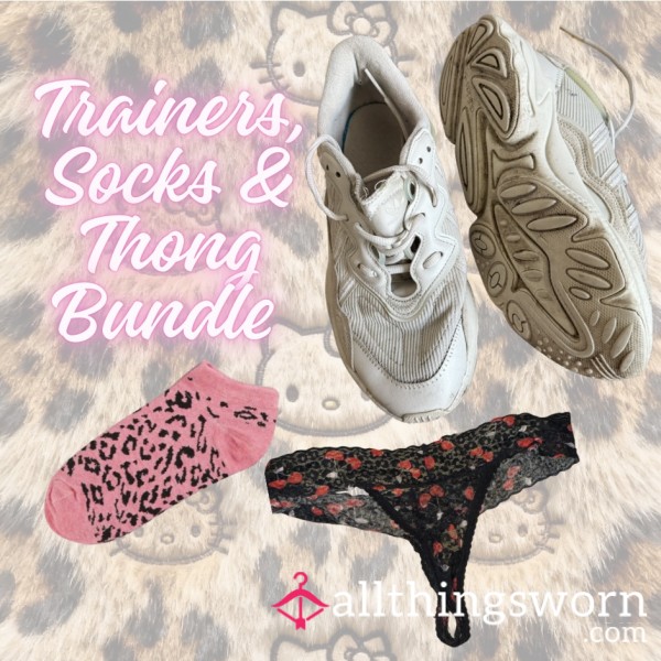 Old Adidas Trainers, Cherry Lace Thong & Leopard Pink Ankle Socks - 48hr Wear ✨BUNDLE DEAL✨