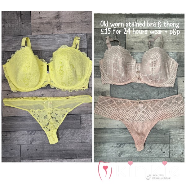 OLD FADED BRA & KNICKERS STAINED OLD FADED WORN GRUBBY