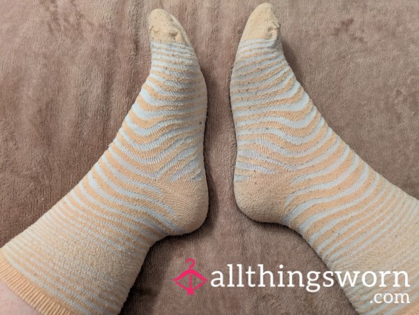 Old Faded Orange And White Stripe Socks - 24 Hours Wear Included In Price