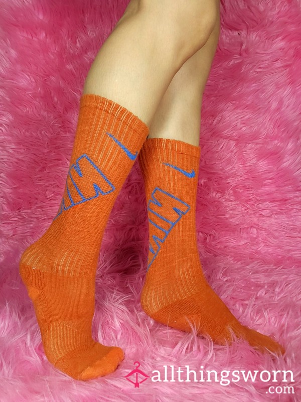 ✔️Old Nike Socks Well Worn Sports Tall Socks Blue & Orange Socks Workout Well Worn For Years Japanese Arched Asian Feet Foot Tattoo Fetish Worship Model