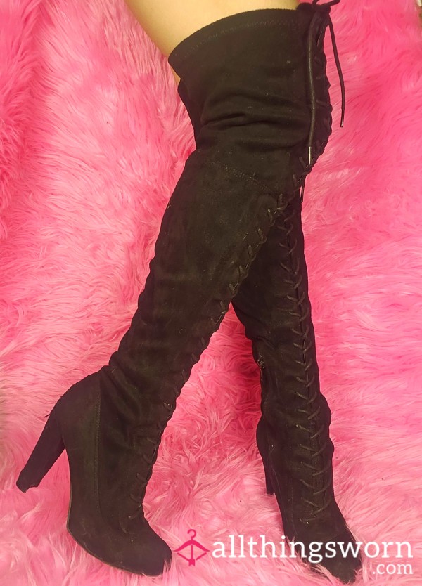 🖤Old Thigh High Black Suede Boots Strapy Tie Up Tall Boots Ripped Dirty Party Shoes Japanese Asian Girl Tattooed Athletic Petite Fitness Model Personal Trainer