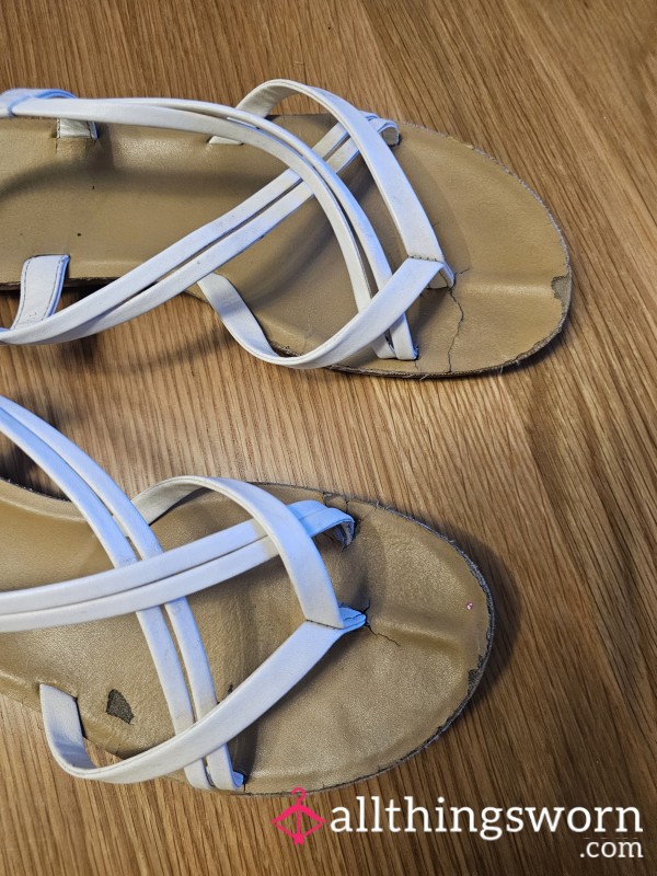 Old, Tired And Well-worn White Sandals. Full Of Scent & Toe Indents 👣
