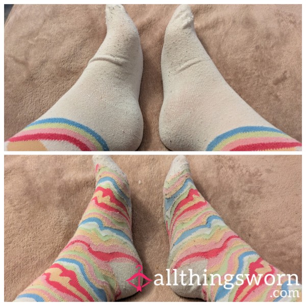 Old White Socks With Rainbow Patterns - 24 Hours Wear Included In Price
