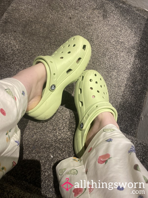Old Worn Aluminous Green Crocs