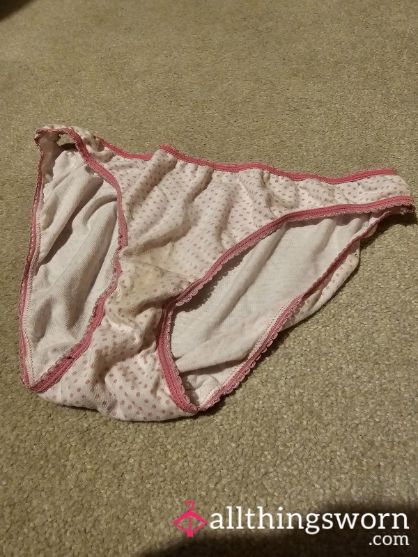 Old Worn Stained Full Size Panties, Pink And White, Size 10