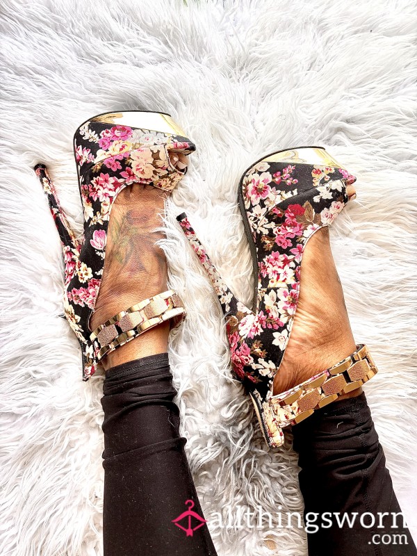 Oldies Flor*l Stiletto Platform Heels Styled With An Open P**p-toe