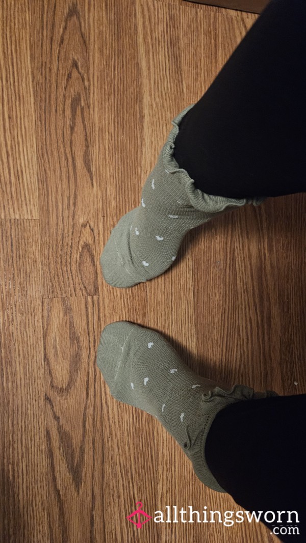 Olive Green Ruffle Socks With White Hearts