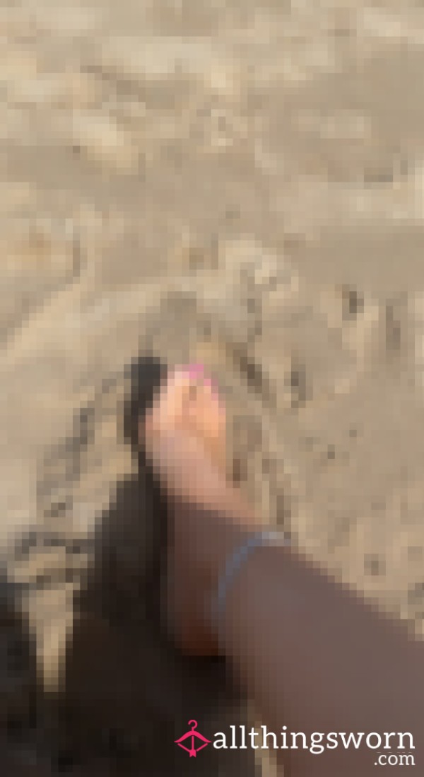One Gorgeous Foot In The Sand Pink Toenails, Silver Ankle Bracelet