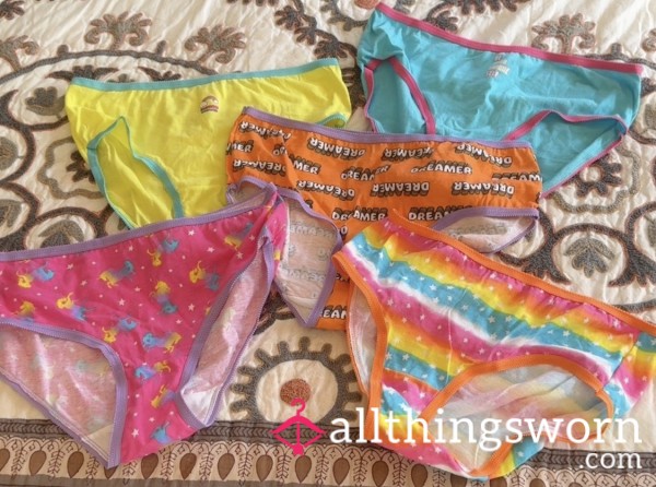 See All Pics!! One Pair Worn 48 Hrs W/pics W/ Face!! 🥰🥵💯💕 SUPER CUTE Girly Panties—-All Fun And Different/colorful—-and You Will Love Them!! 🎁💕😘😍