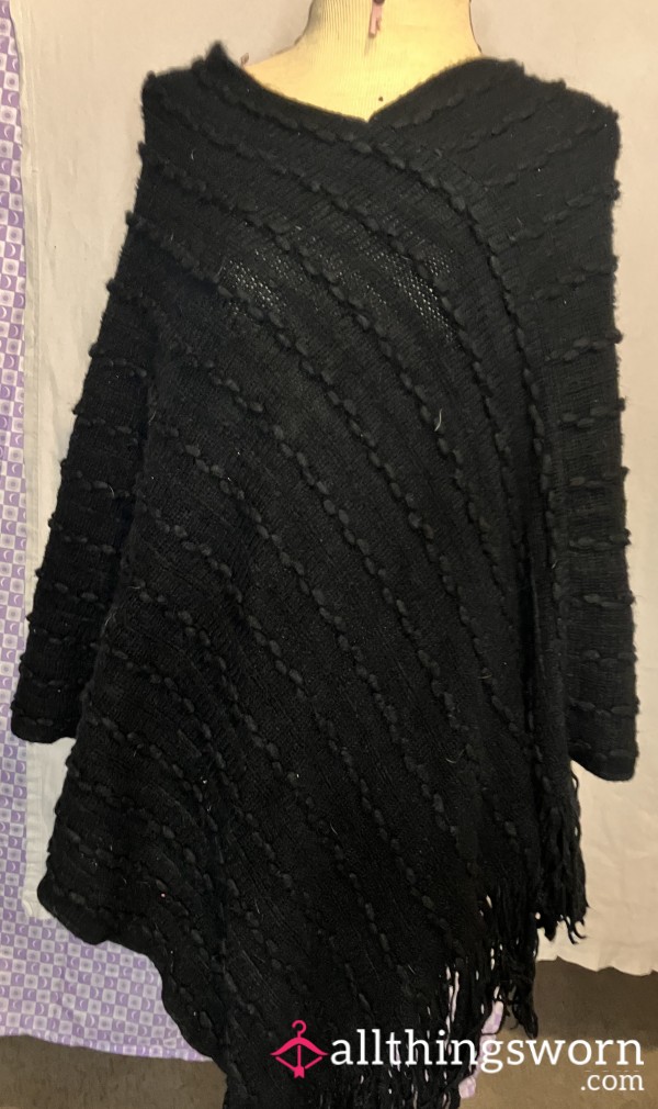 One Size Black Wool Poncho