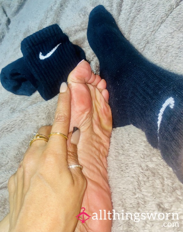 One Sock Clinging ~ One Foot Bare 👣 Worn Black Nike Socks