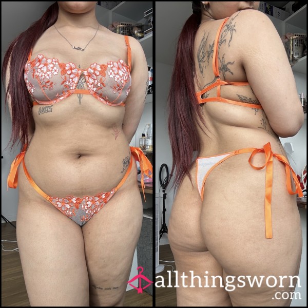 Orange Flor*l Embroidery Lace Up Thong Lingerie Set 🫶🏼