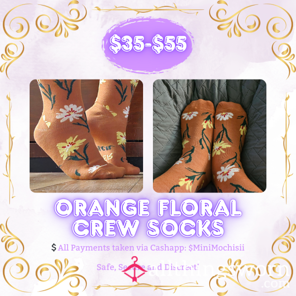 Orange Flor*l Crew Socks