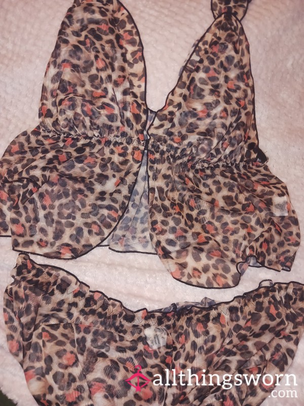 Orange/brown Leopard Print Shiffon Shorts And Top Night Wear
