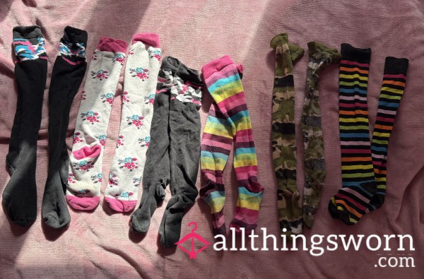 Over Knee Long Socks Camo Rainbow Black Cream Flowers Worn By My Size 3 Smelly Feet