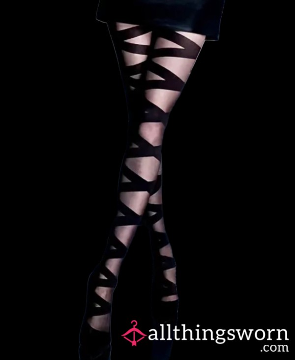Over-the-knee Nylon Stockings With A Geometric Design. Black. Worn. ($10.00)