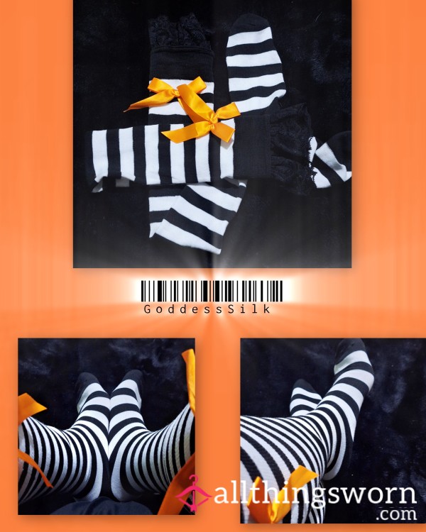 Black And White Strip Cute Thigh High Socks With Lace And Ribbon 👑👣 Ready For Customization
