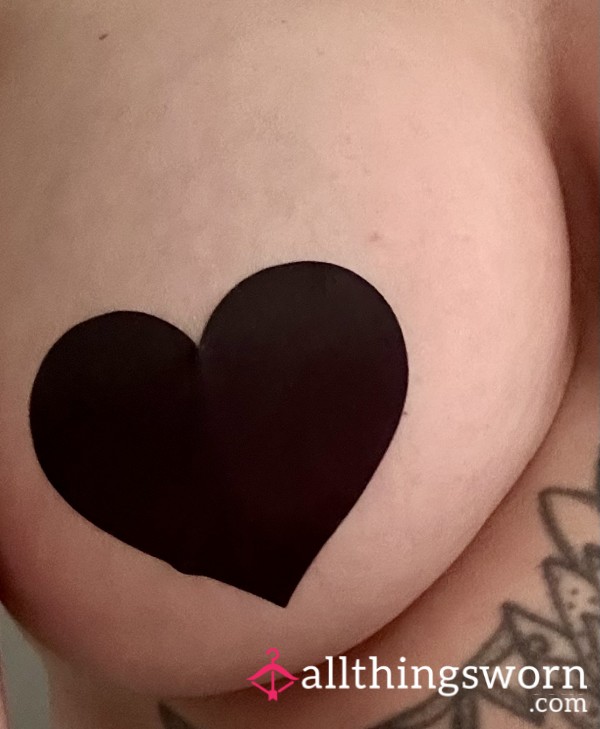 Pair Of Black Heart Pasties Worn For 24 Hours. Nipple Covers, Stickers