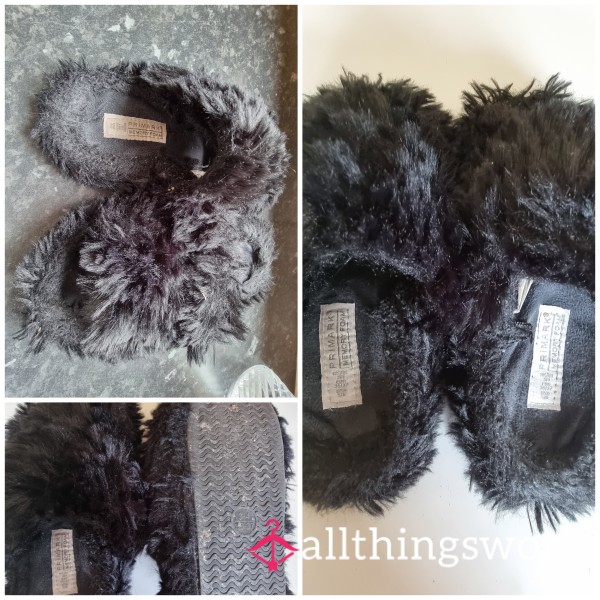 🩴Pair Of Super Fluffy Black Primark Slippers-extremely Well-worn And Well-loved.🩴