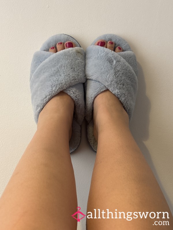 Pale Blue Worn Slippers. Will Be Worn Until Sold. Request Personalisation.