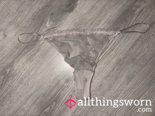 Pale Pink Bow Detail See Through Lacy G String