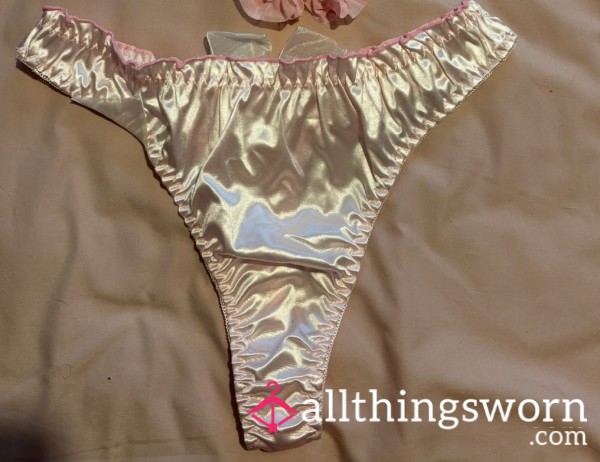 Pale Pink Satin Panties With Pretty White Ribbon Bow On The Back. These Would Great For A Sissy Too. Not As Full On As The Other Ones I Have Listed But They Are Still Very Pretty And Girlie. 