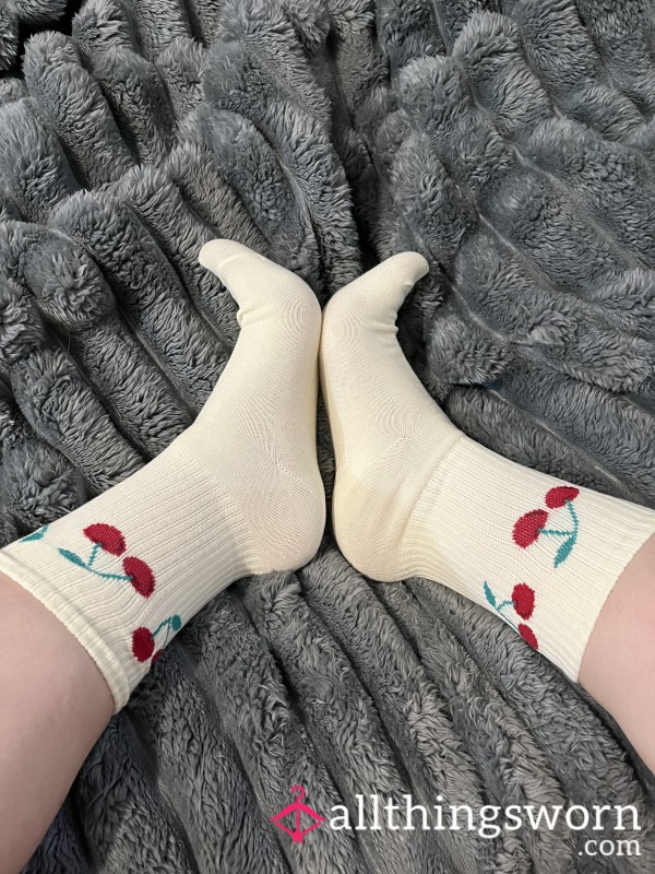 Pale Yellow Sport Socks With Cute Cherry Pattern