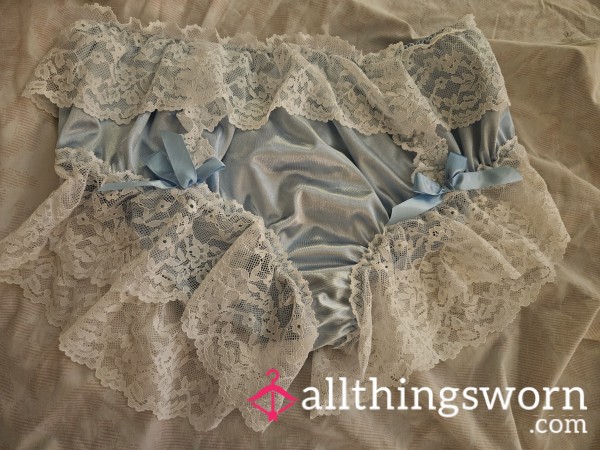 Pantaloons Size Extra Large Light Blue Satin Like With White Lace